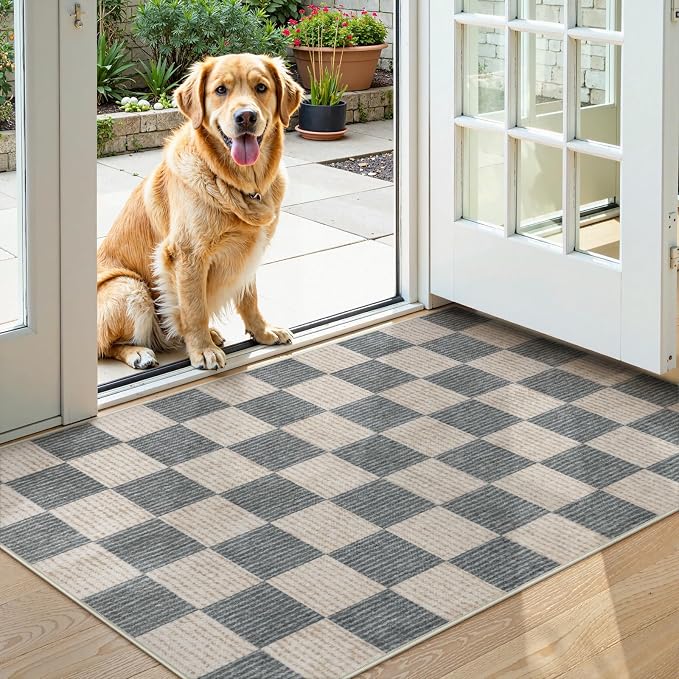 LIVEBOX 3x5 Washable Area Rug Checkered Clearance, Non-Slip Small Entryway Rug Grey Farmhouse Neutral Classic Geometric Boys Rug for Bedroom Living Room Low-Pile Carpet for Indoor Kitchen(Grey 3'x5')