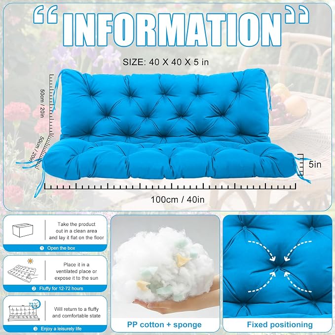 Porch Swing Cushions 2 Seater Replacement Thicken 5" Waterproof & Fade Resistant Swing Cushions for Outdoor Furniture Bench Patio Swing Cushion with Backrest & Ties(Lake Blue 40x40x5inch)