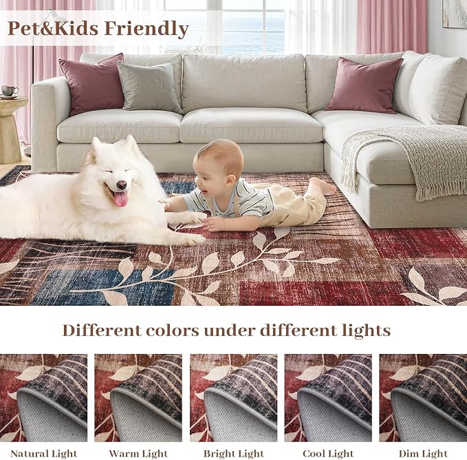 GarveeHome Area Rug 5x7 Washable Geometric Bedroom Rug, Floral Print Faux Wool Modern Checkered Rug Soft Stain Resistant Non-Slip Accent Carpet for Living Room Dining Room Office 5x7