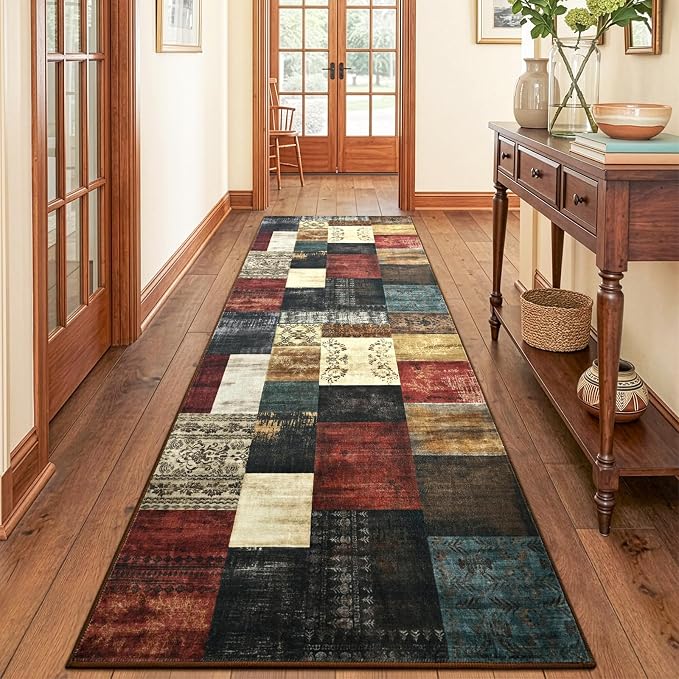 Runner Rug for for Hallways, 2'x6' Washable Kitchen Rugs with Non Slip Rubber Backing, Soft Low Pile Non-Shedding Geometric Carpet for Laundry Bedroom Bathroom, Colorful
