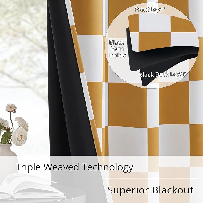 100% Blackout Checkered Curtains – 2 Panels, Each W52×L63, Thermal Insulated, Nosie Reducing for Bedroom, Modern Mustard and White Checkerboard Design