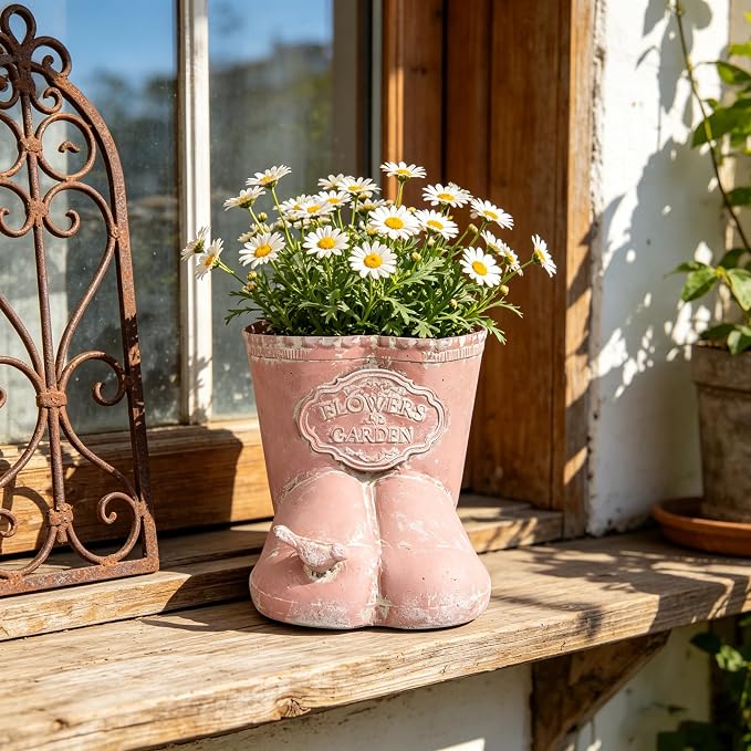 Vintage Distressed Boot Planter, Rustic Flowers & Garden Metal Rain Boot Plant Pot, Farmhouse Succulent Herb Planter for Indoor Outdoor Home Garden Patio Decor (Pink - Small)
