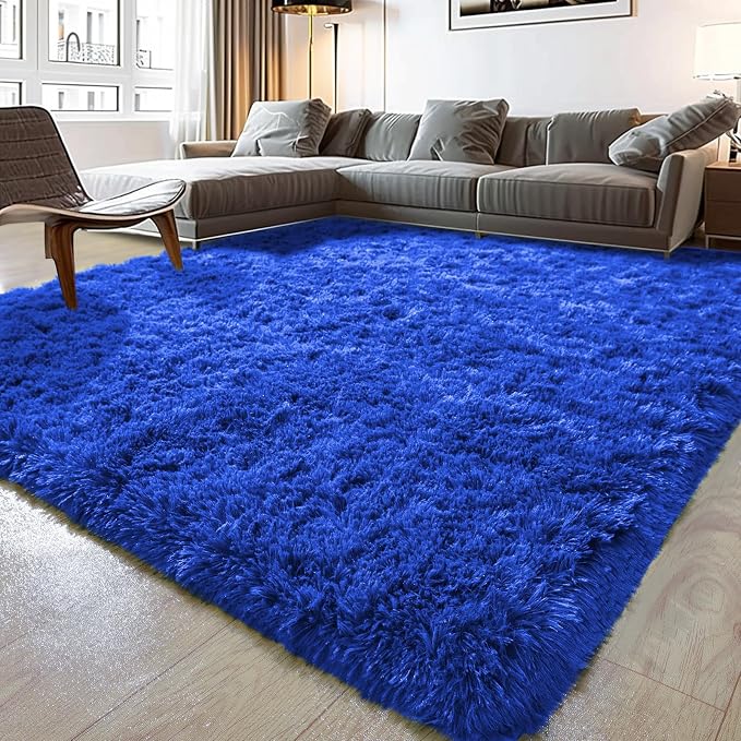8x10 Large Area Rugs for Living Room, Fluffy Washable Royal Blue | Upgrade Non-slip, 8 x 10 Big Shag Rug for Boys Bedroom Kids Nursery, Modern Shaggy Furry Carpet for Dorm, Flame Resistant