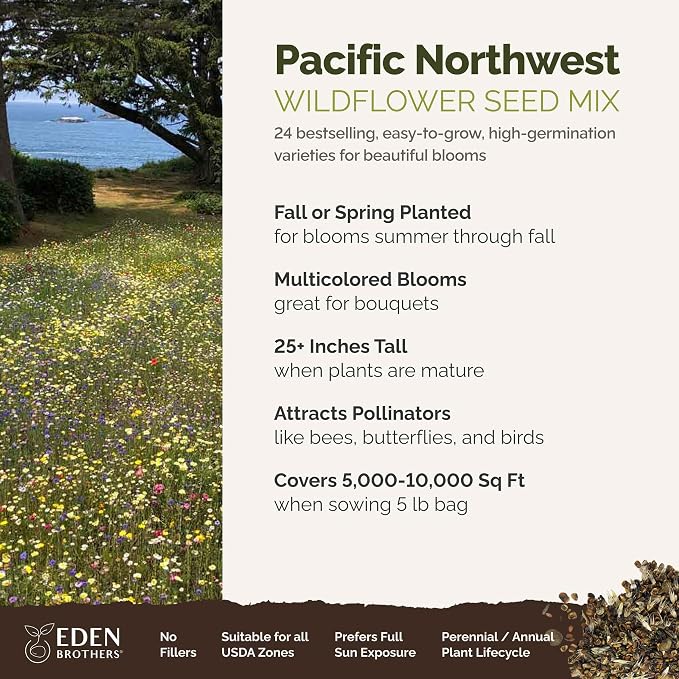 Eden Brothers Pacific Northwest Wildflower Mixed Seeds for Planting, 5 lb, 2,400,000+ Seeds with Cornflower, CA Bluebell | Attracts Pollinators, Plant in Spring or Fall, Zones 3, 4, 5, 6, 7, 8, 9, 10