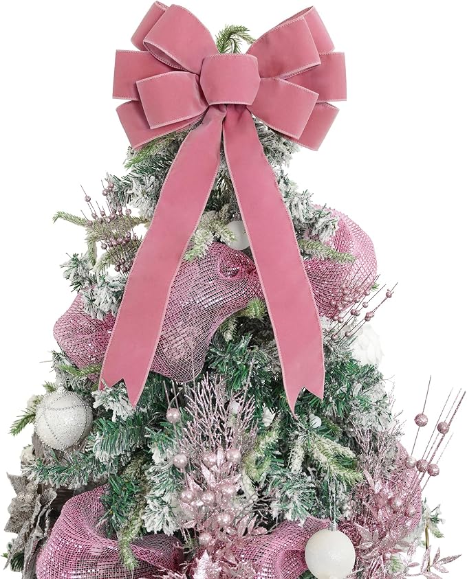 13" Dusty Rose Pre-Tied Velvet Bow For Christmas Tree, Pink Bow For Wreaths, Wedding, Premade Bows with Twist Tie, Tree Toppers Bows for Party Favor, Christmas Home Indoor Outdoor Decor-1 PCs