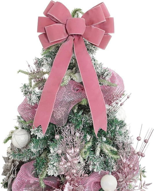 13" Dusty Rose Pre-Tied Velvet Bow For Christmas Tree, Pink Bow For Wreaths, Wedding, Premade Bows with Twist Tie, Tree Toppers Bows for Party Favor, Christmas Home Indoor Outdoor Decor-1 PCs