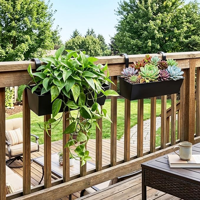 Outdoor Railing Hanging Planter Pot, 17" Metal Planter Pots for Plants, Fence Flower Pot for Porch Balcony with Detachable Hook & Drainage Hole (Rectangular-Black, Pack of 8)