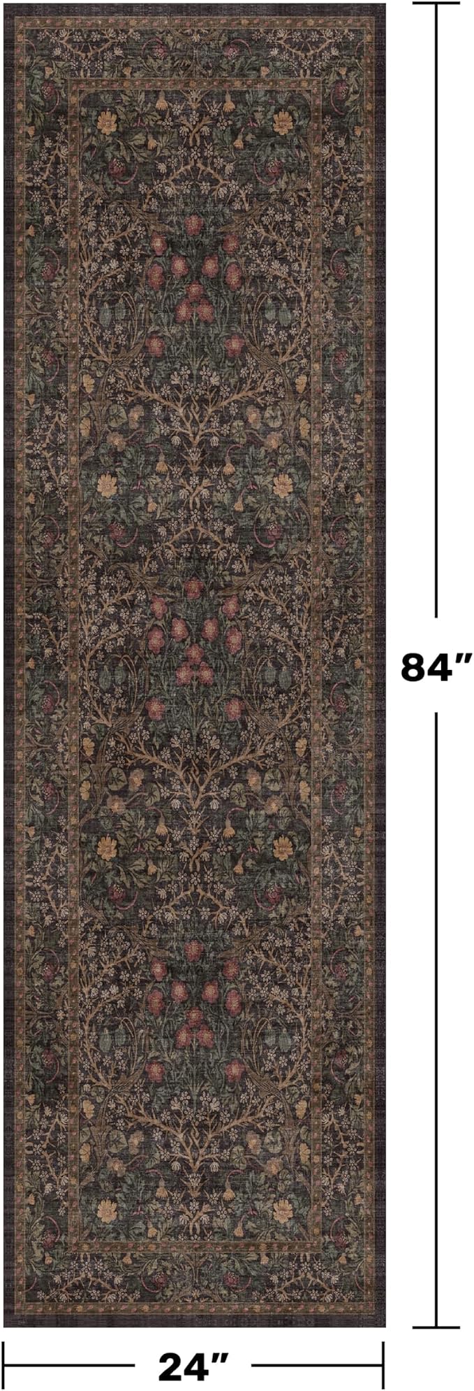 Boho Vintage 2x7 Long Runner Rugs for Entryway, Ultra Thin Kitchen, Bathroom, Hallway Rug, Low-Pile Washable Dark Brown Natural Floral Rug, Non-Slip Stain & Fade Resistant