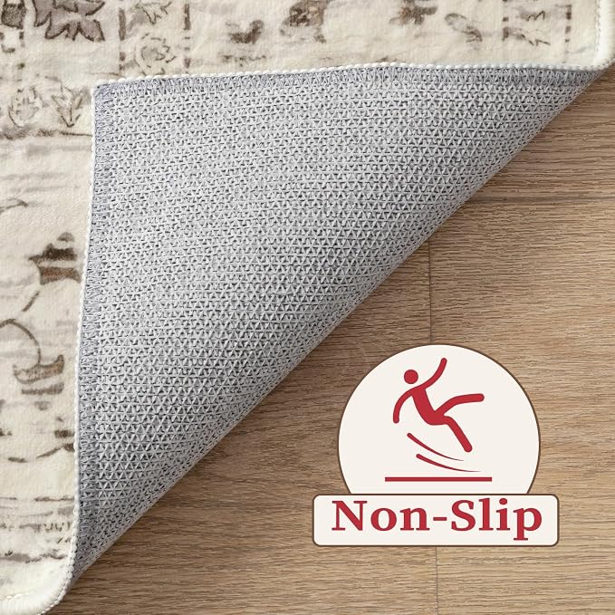 SERISSA 5x7 Washable Non Slip Boho Area Rug for Living Room，Earth Tone | Ultra Soft Vintage Oriental Carpet Low-Pile Distressed Tribal Throw Carpet for Bedroom Dining Room Dorm Office Home Decor