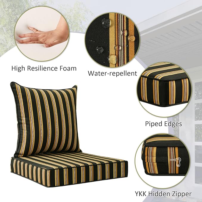 Unimatta Outdoor Patio Chair Cushions Set, 24" x 24"(24x24 Back), Set of 2, Water-Repellent, Fade Resistant, Deep Seat Bottom and Back Cushion for Backyard, Couch, Sofa, Sunset Cabana Stripe