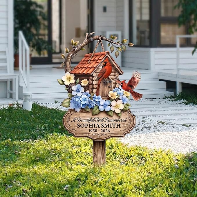 Personalized Cardinal Memorial Yard Sign Outdoor Metal Decor | custom name cardinal memorial plaque yard sign with stakes garden sympathy gift for mom outdoor decor for loss of loved one