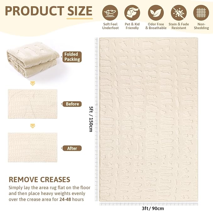 Yamaziot Washable 3x5 Area Rugs for Living Room Textured Non Slip Rug Beige | Modern High-Low Geometric Pattern, Soft Fluffy, Neutral, Minimalist Floor Carpet for Bedroom Nursery Kids Room Entryway