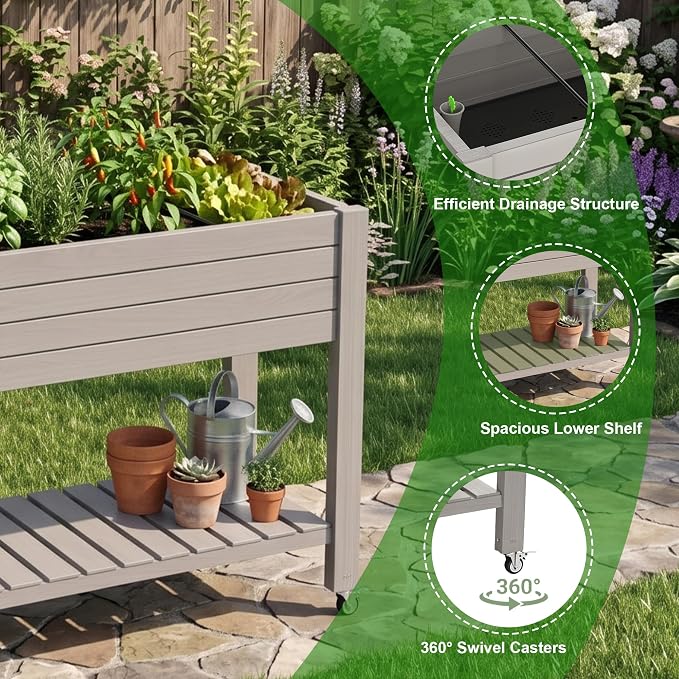 Elevated Resin Raised Garden Bed, 33.7in Height Raised Planter Box with Drainage Holes, Lockable Rotating Wheels & Bottom Storage Shelf, Stake Support, Easy Assembly for Patio Lawn Backyard Balcony