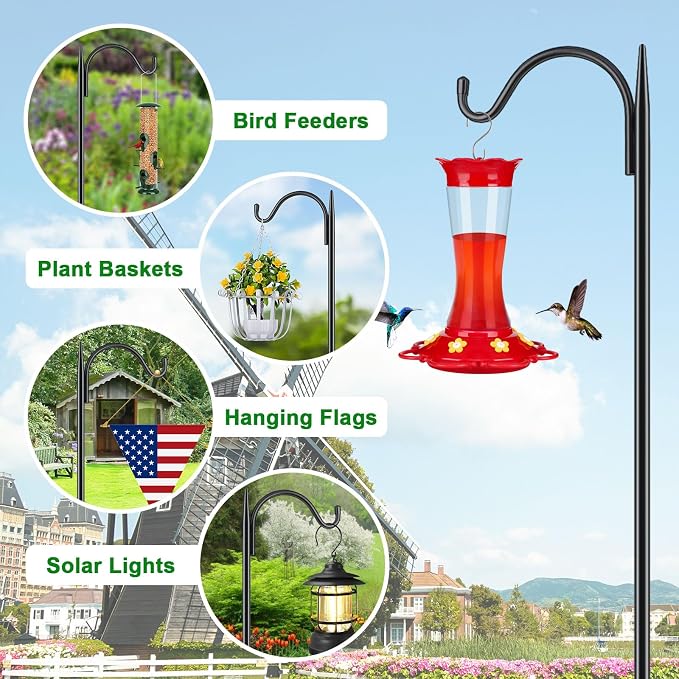 FEED GARDEN Bird Feeder Pole, 60 Inch Shepherds Hooks for Outdoor with 5 Prong Base, Adjustable Heavy Duty Shepherds Hook for Plant Baskets, Hummingbird Feeder, Wedding Decor, Lanterns,2 Pack