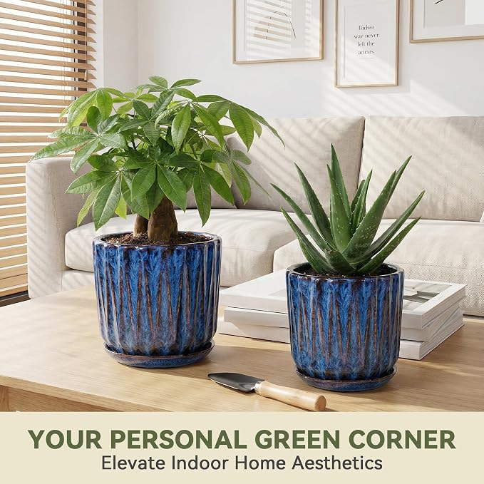 7.5 Inch Ceramic Planter Pot with Saucer Drainage Leak-Proof Mesh,Flower Pots for Indoor Plants with Gardening Gloves,Ceramic Planter(Peacock-Blue)