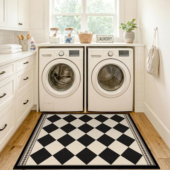 Black and White Geometric Outdoor Easy Jute Front Porch Rug 3x4, Washable Non-Slip Vintage Entryway Rug, Classic Traditional Low Pile Indoor Carpet for Kitchen, Bathroom, Laundry Room