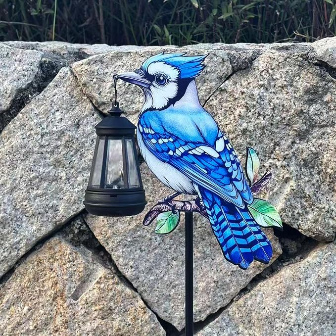 2 Pack Solar Lanterns Outdoor Decor Solar Bule Jay Lanterns Solar Cardinal Redbird Lights Metal Stake Yard Garden Decor Art Figurine Waterproof LED Lights Gifts for Mom Grandma Women(Blue Jay)