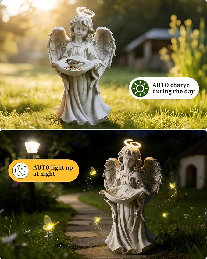 Solar Angel Statue with Bird Feeder for Outdoor Garden Decor | for Patio, Yard, Lawn, Balcony, Gift for Mother, Grandmother, Women