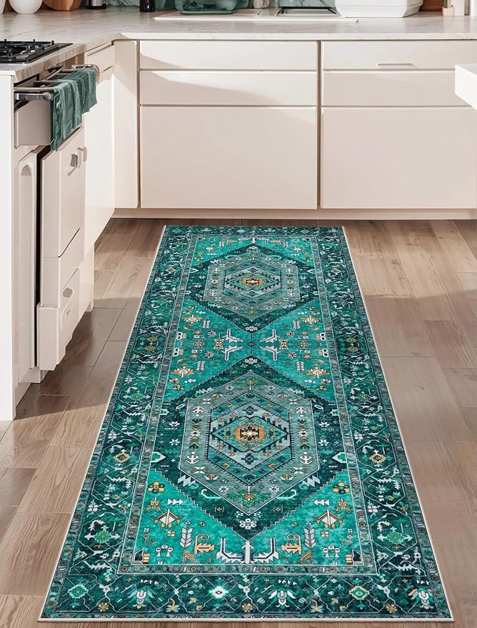 SERISSA 2x6 Washable Non Slip Boho Runner Rug for Hallway，Teal | Ultra Soft Vintage Oriental Carpet Low-Pile Distressed Tribal Floor Carpet for Kitchen Bedroom Bathroom Laundry Living Room