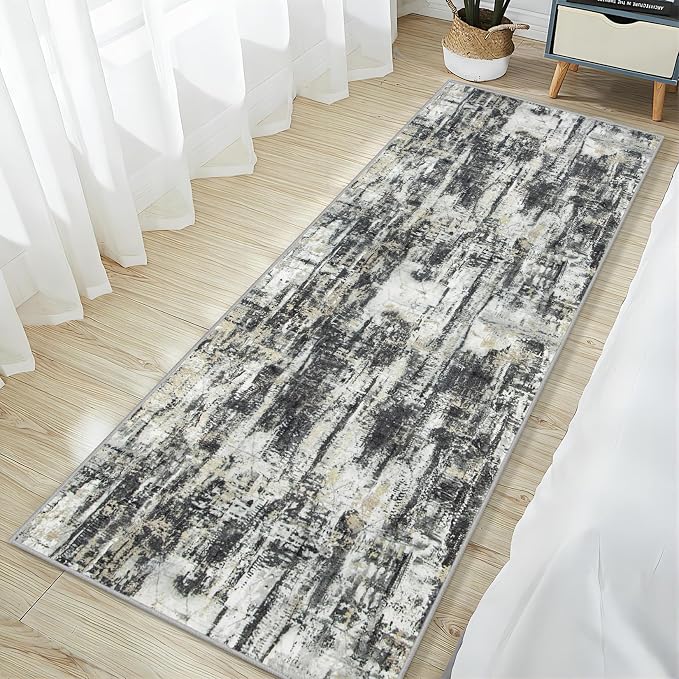 2'6''x8' Runner Rugs Washable Rug: Modern AbstractBlack Grey Gold Carpet | Non-slip TPE backing makes this washable soft low-pile rug safe & durable, Pet-friendly decor for dining room,nursery,office