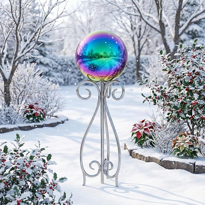 6 inch Diameter Gazing Ball,Rainbow Stainless Steel Polished Reflective Smooth Garden Sphere Globe Mirror,Colorful and Shiny Addition to Any Garden or Home