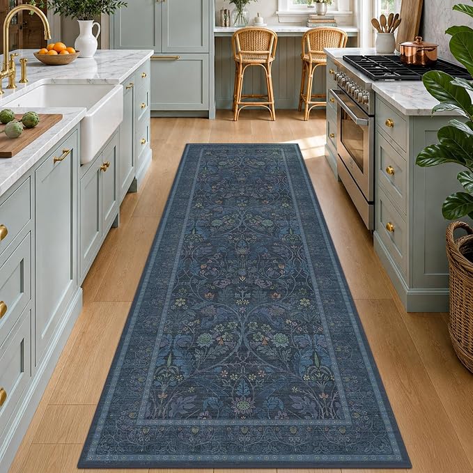 2'6"x8' 8ft Kitchen Runner Rugs Washable, Dark Blue Long Runner Rugs Non Slip for Hallway, Entryway, Victorian Forest Floral Stain Resistant Low Pile Thin Carpet
