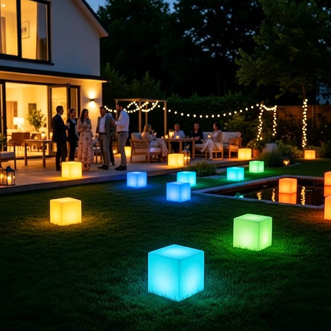 8-in Solar Cube Light Outdoor Waterproof, 16 Colors Illuminate Cube Floor Lamp, Dimmable Glowing LED Tesseract Cosmic w/Ground Stake & Remote Dynamic Effect for Garden Yard Patio Mood Ambient Lighting