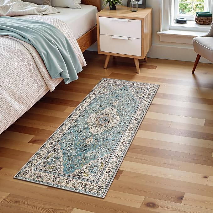 Lahome Felice Floral Medallion Area Rug - 2x4.3 Hallway Rug Runner Kitchen Sink Mat Turkish Faux Wool Non-Slip Washable Low-Pile Carpet for Indoor Laundry Bedroom Entrance Bathroom, Sky/Baby Blue