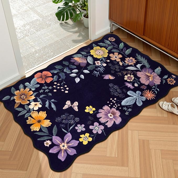 Lahome Floral Washable Entryway Rug, 2X3 Purple Kitchen Rugs Non Slip Small | Ultra-Thin Soft Door Mat Indoor Entrance Stain Resistant Boho Carpet for Bathroom Bedroom Flore (2x3ft, Purple)