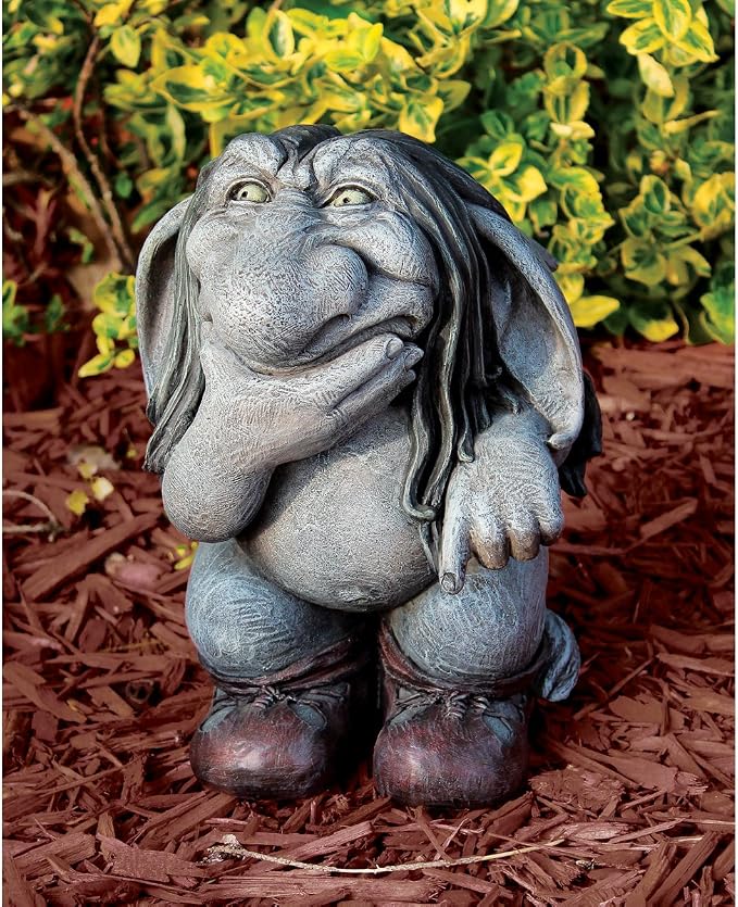 Garden Gnome Statue -Pondering Sylvester the Cynical Gnome Troll - Lawn Gnome