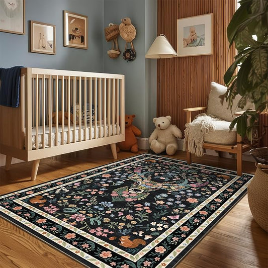 Area Rug Vintage Floral Deer Pattern 5x7 - Bohemian Forest Animal Carpet with Squirrel & Butterfly, Soft Decorative Area Rug for Living Room Bedroom Home Decor