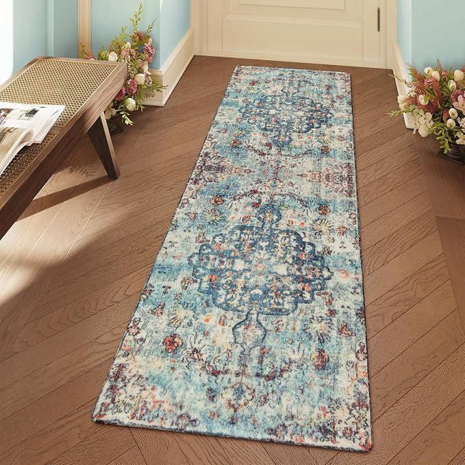 Lahome Reine Bohemian Floral Medallion Runner Rug - 2x6 Hallway Laundry Rug Runner Washable Kitchen Sink Mat Distressed Turkish Non-Slip Soft Bedside Carpet for Doorway Bedroom, Vintage Teal/Multi