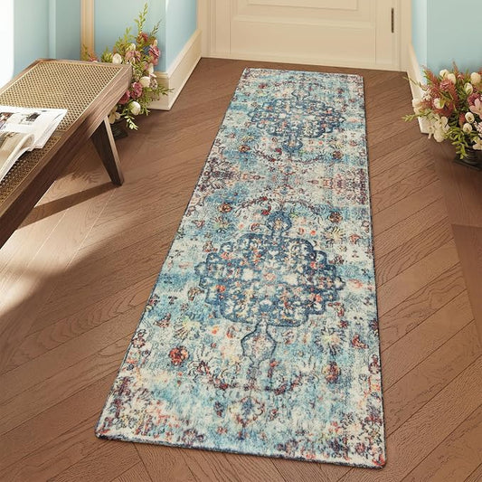Lahome Reine Bohemian Floral Medallion Runner Rug - 2x6 Hallway Laundry Rug Runner Washable Kitchen Sink Mat Distressed Turkish Non-Slip Soft Bedside Carpet for Doorway Bedroom, Vintage Teal/Multi