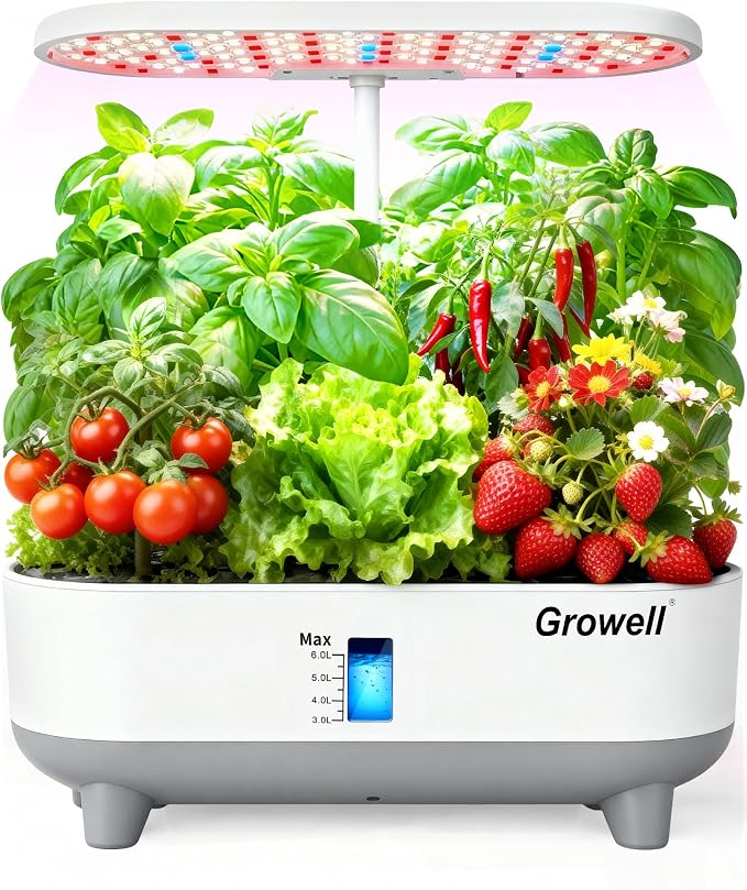 Growell 16 Pods Hydroponics Growing System Kit with 3 Light Modes & 2 Timer | Smart Water Circulation, LED Grow Light, 8L Large Water Tank, Coutertop, Indoor Herb Garden, Perfect Gardening Gifts, White