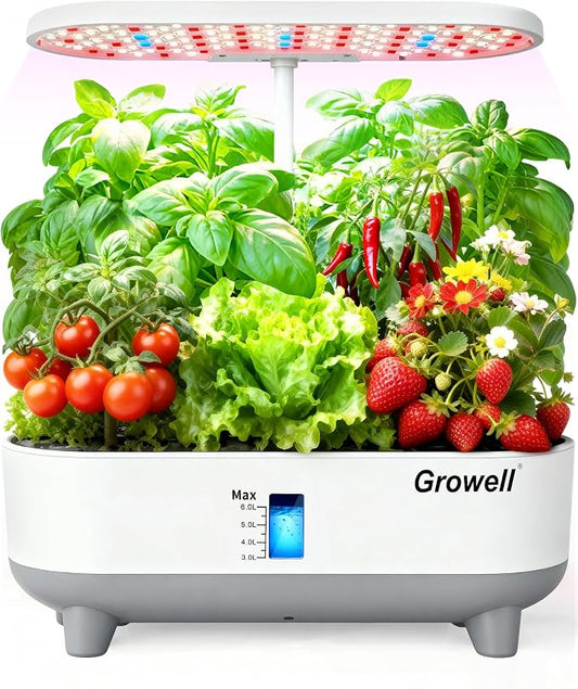 Growell 16 Pods Hydroponics Growing System Kit with 3 Light Modes & 2 Timer | Smart Water Circulation, LED Grow Light, 8L Large Water Tank, Coutertop, Indoor Herb Garden, Perfect Gardening Gifts, White