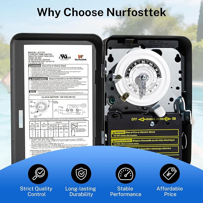 T101 24-Hour Mechanical Timer, 40A 120VAC SPST, 12 On/Off Operations, Indoor Use Only, for Commercial Refrigeration Defrost, Lighting, Fans, Pool Pumps, Irrigation Systems, Water Heater Timing Control