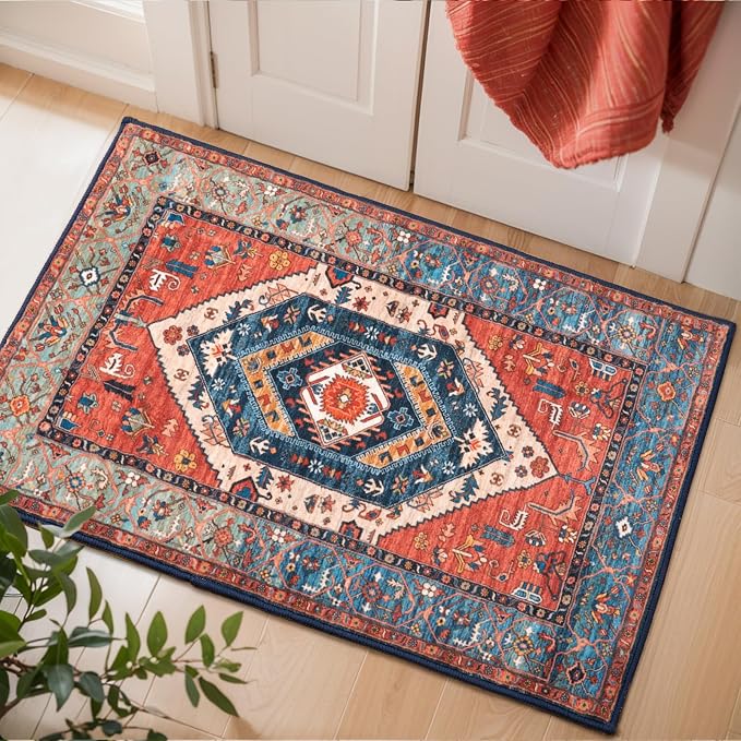 SERISSA 2x3 Washable Non Slip Boho Small Area Rug for Entryway，Rust | Ultra Soft Vintage Oriental Carpet Low-Pile Tribal Indoor Mat Floor Carpet for Bedroom Kitchen Bathroom Entrance Floor