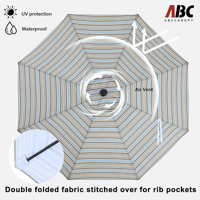 ABCCANOPY 10FT Patio Umbrella, Outdoor Waterproof Table Umbrella with Push Button Tilt and Crank, 8 Ribs UV Protection Pool Umbrella for Garden, Lawn, Deck & Backyard(Khaki Gray Stripes)