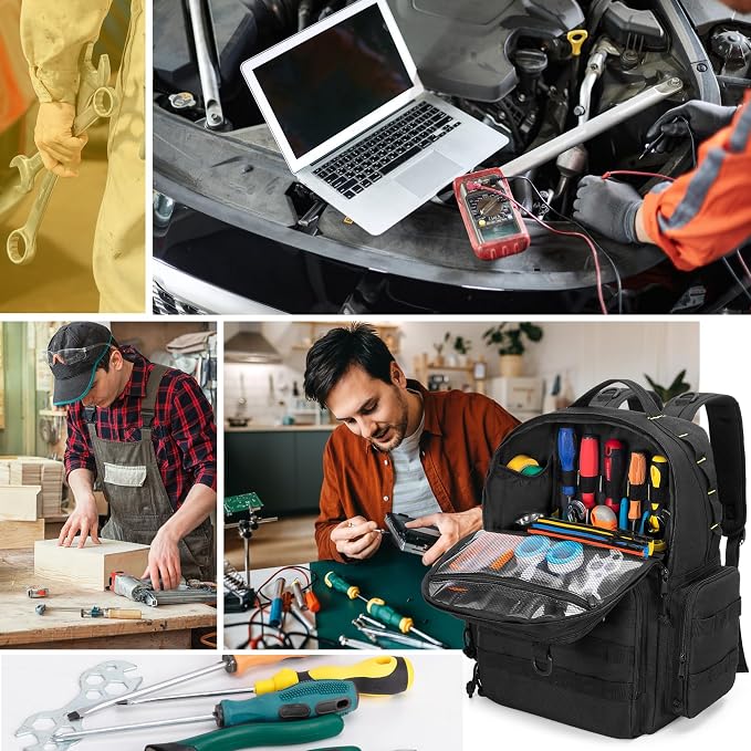 Rexmica Tool Bag Backpack for Men with 3 Tool Pouches, Heavy-Duty Tool Storage Organizer Bag with Padded Shoulder & Waist Support, Tactical Work Tool Bag for Electrician, Repairman, HVAC Techs, Black