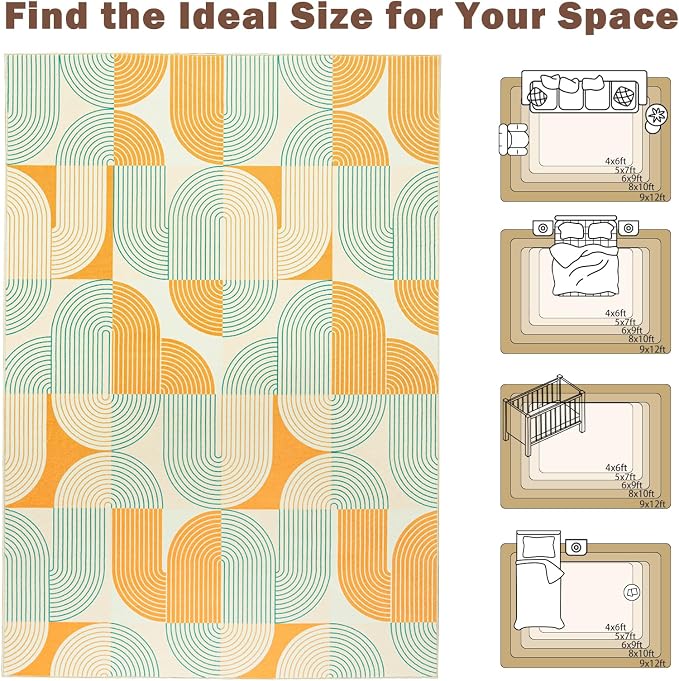 9'x12' Area Rug for Living Room, Washable Modern Abstract Soft Carpet | Low Pile, Indoor Floor Non Slip Stain Resistant Large Carpet for Bedroom Dining Room Farmhouse Nursery Home Office, Orange