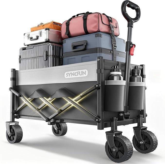 SYNCFUN Collapsible Wagon Cart Foldable, Portable Rolling Shopping Carts with Wheels, All Terrain Folding Sport Beach Wagons, Heavy Duty Garden Utility Cart for Groceries Fishing, Black