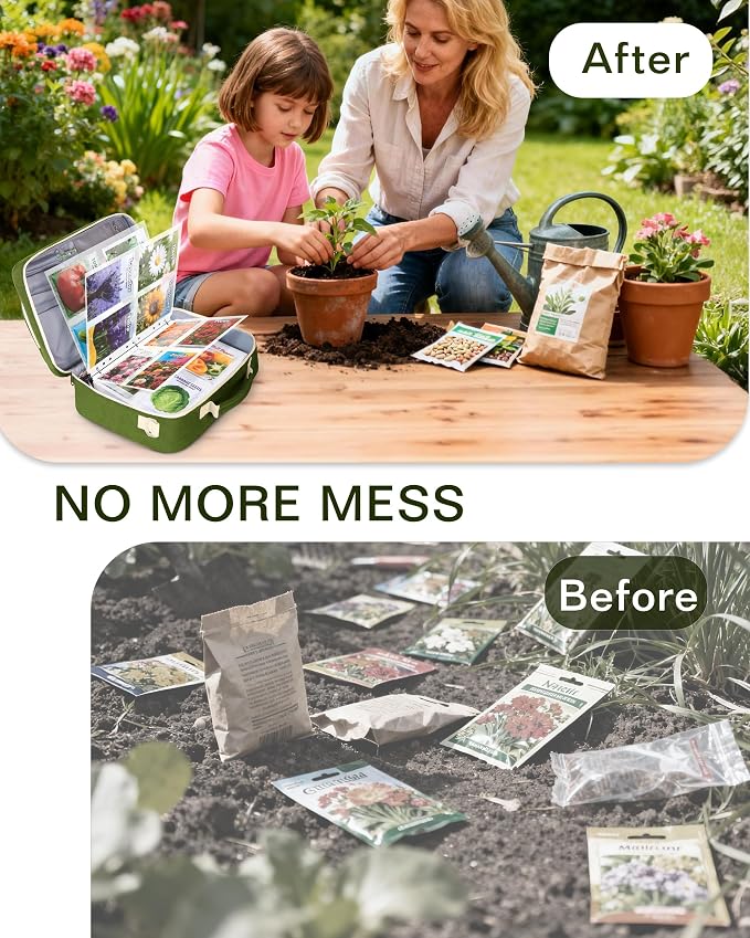 Seed Storage Organizer Binder with 20 Reusable Seed Envelopes | 30 Sheet Protectors Holds 120 Packets Envelopes, 1.5-Inch 3-Ring Binder, Handle & Adjustable Shoulder Strap,Ideal for Garden