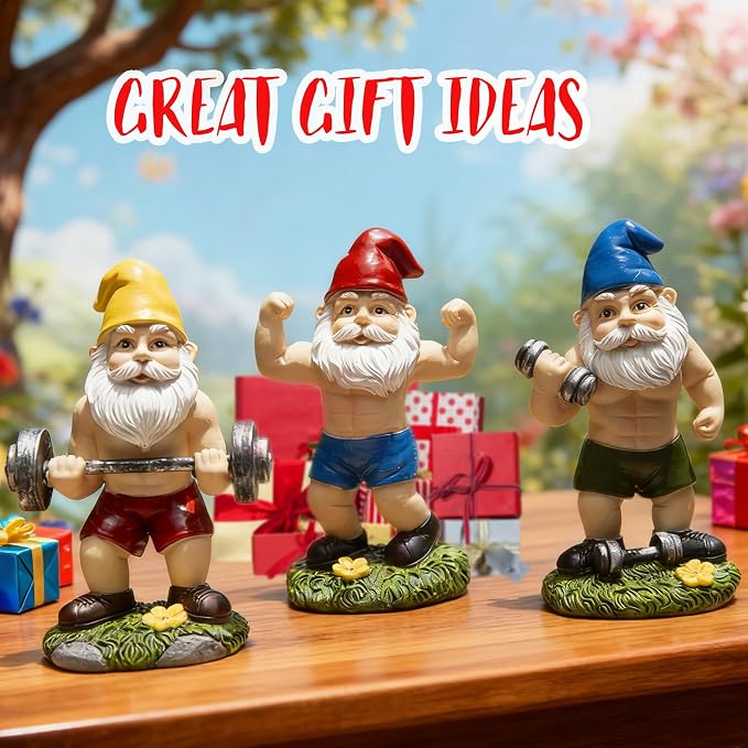 Funny Workout Garden Gnomes Statues 3pcs 6.2 Inches Outdoor Muscular, Barbell and Dumbbell Gnomes Decorations Set Gnome Gifts for Yard Lawn Patio, Indoor Gnome Figurine for Home Tabletop