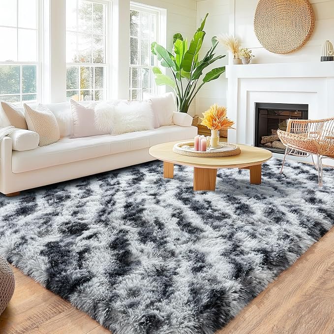 Rugs for Bedroom, Ultra Fluffy Fuzzy Shag 5x7 Area Rug for Living Room, Modern Plush Soft Upgrade Non-Slip Carpet for Kids Girls and Boys, Dorms, Nursery, Home Decor, Tie-Dyed Black Grey