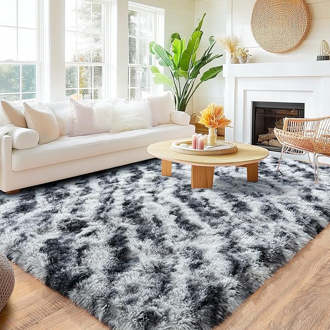 8x10 Area Rugs for Living Room, Large Ultra Fluffy Fuzzy Shag Rug for Bedroom, Modern Plush Soft High Pile Upgrade Non-Slip Carpet for Kids Girls and Boys Room Decor, Tie-Dyed Black Grey