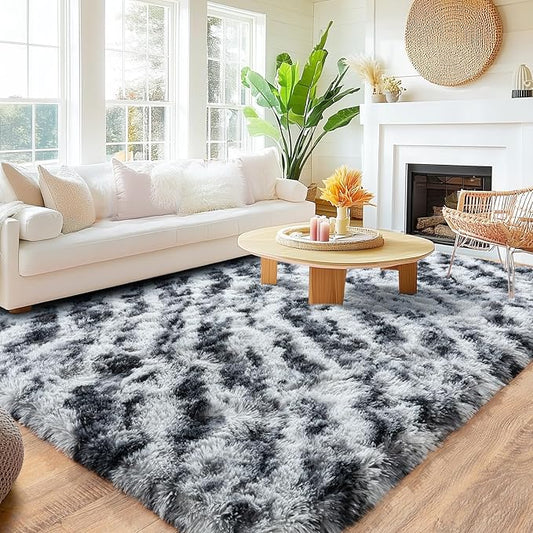 8x10 Area Rugs for Living Room, Large Ultra Fluffy Fuzzy Shag Rug for Bedroom, Modern Plush Soft High Pile Upgrade Non-Slip Carpet for Kids Girls and Boys Room Decor, Tie-Dyed Black Grey