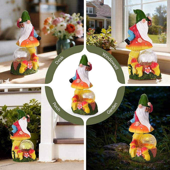 Garden Gnomes Outdoor Statues with Light, Gnomes Decorations for Yard, Solar Garden Gnome with Mushroom Decor, Lawn Ornaments for Patio, Balcony Housewarming- Unique Women Gifts