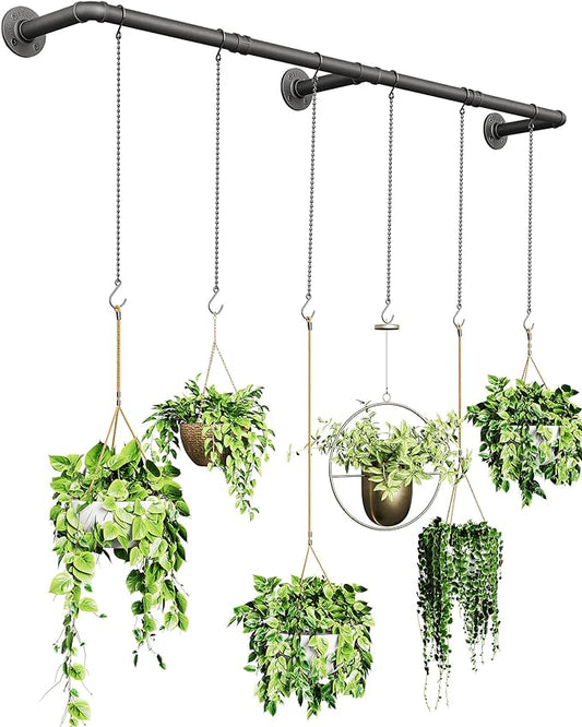 SOFITORG 65.7" Metal Plant Hanging Rod with 6 Chains, Pots Not Included | Wall Plant Hanging Bar, Durable Hanging planter holder for Window Ceiling, Easy Assembly, All Hardware Included, Black