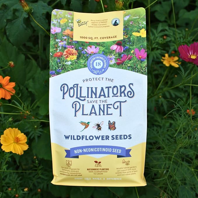 BUZZY Wildflower Pollinator Seed Mix (1lb Bag), 18 Pollinator-Friendly Varieties, Protect The Pollinators & Save The Planet, Coneflower, Sunflower, Calendula, Cosmos, & More, Growth Guaranteed