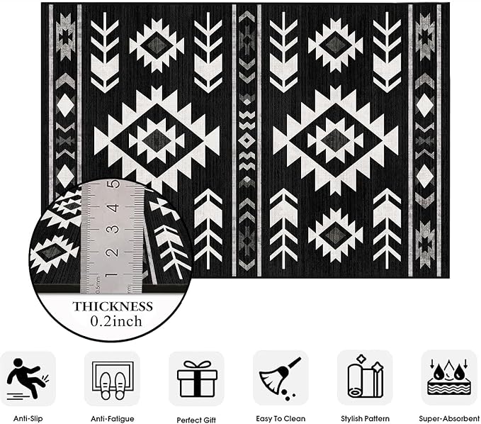 Western Area Rug 4x6 for Living Room, Southwestern Aztec Tribal Area Rugs Southwest Navajo Machine Washable Rug Non-Slip Printed Low-Pile Floor Carpet for Bedroom Dining Room Office, Black
